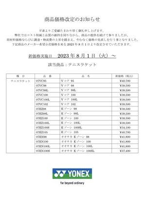 YONEX商品一部価格改定　ブログNO66